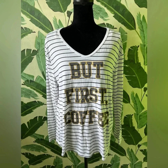 Fifth Sun But First Coffee Striped Graphic Long Sleeve Oversized Top Size M - Picture 1 of 5